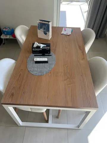 Wooden Dining Table with White Frame and 4 Chairs - Excellent Condition