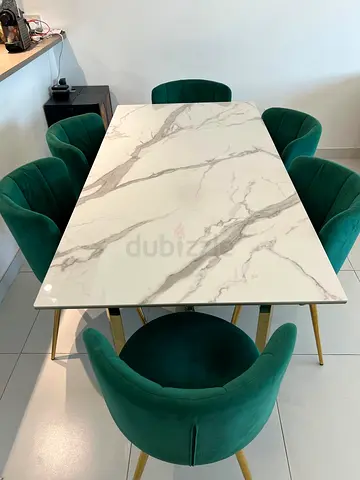 Marble-Top Dining Table with 6 Green Velvet Chairs