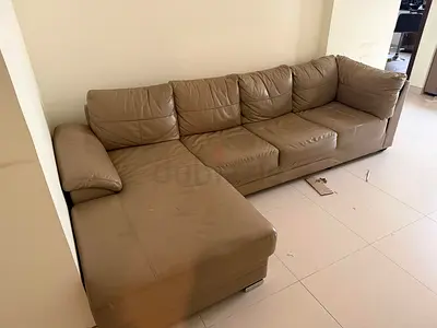 Beige L-shaped Leather Sofa - 4-Seater with Chaise