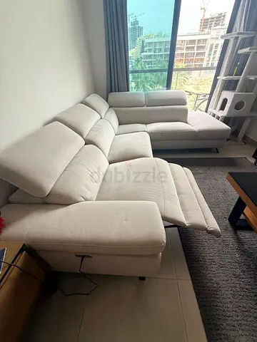 Light Beige L-Shaped Fabric Sofa with Recliner and Chaise