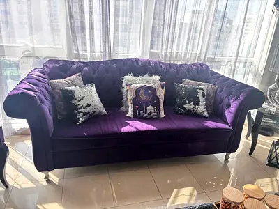 Plush Purple Velvet 3-Seater + 2-seater + black 2 pieces 1-seater