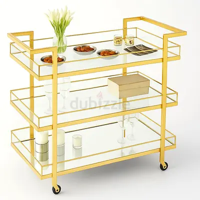 Gold Metal  Glass 3-Tier Bar Serving Trolley on Wheels