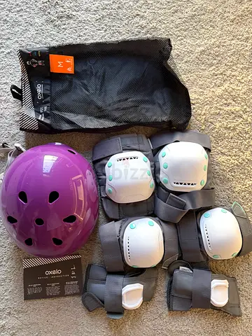 Skateboard with Purple Helmet, Knee, Elbow and Wrist Pads Set - Like New
