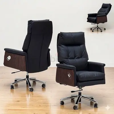Black Leather Executive Office Chair with Wooden Arm Panels, Adjustable Height