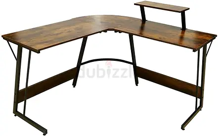 L-shaped Corner Computer Desk with Raised Monitor Shelf - Rustic Brown