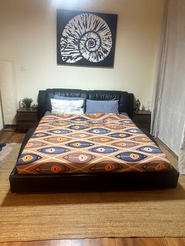 Queen platform bed with leather headboard and patterned mattress (good condition)