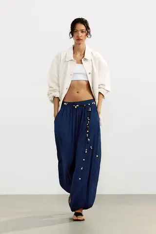 Zara Textured Balloon Pants in Navy Blue