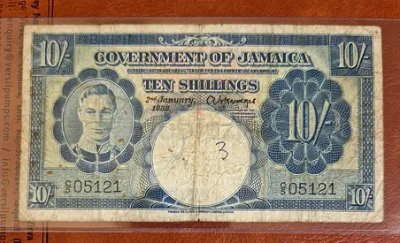 1939 Jamaica 10 schilling Banknote