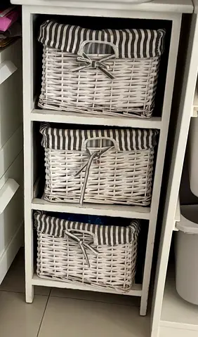 White 3-Tier Shelf with 3 Wicker Storage Baskets
