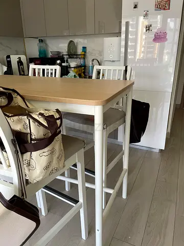 Light Wood Dining Table with White Legs + Chairs - Good Condition