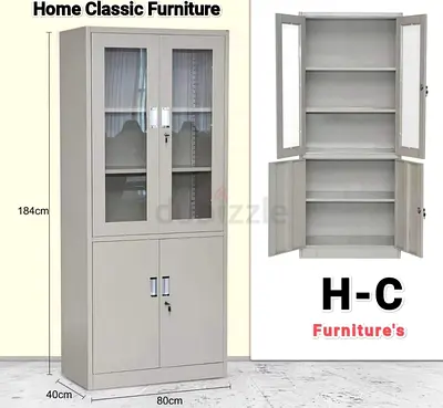 Metal Office Storage Cabinet with Lockable Glass Upper Doors - 4-Shelf