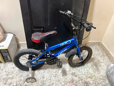Blue children’s 14-inch bike with training wheels - good condition