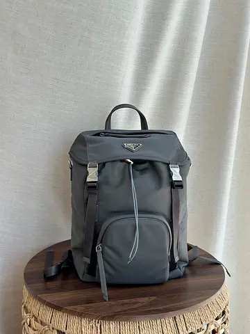 Prada Nylon Backpack with Front Pocket and Silver Hardware
