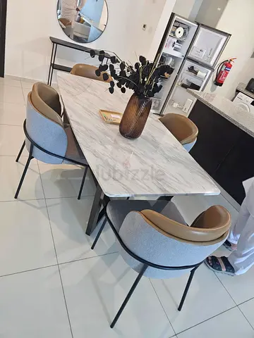 Modern Marble-Top Dining Table with 4 Upholstered Chairs