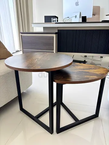 Nesting Side Tables / Coffee Tables - Set of 2 - Wood Top + Black Metal Frame