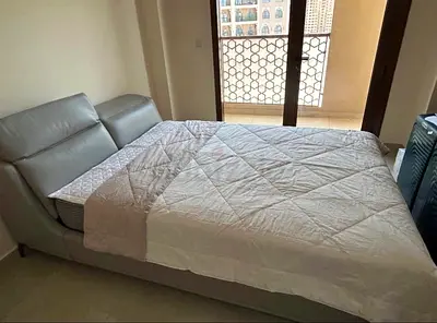 Gray Leather Queen Bed with Headboard - Good Condition