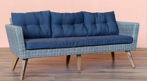 3-Seater Wicker Sofa with Navy Cushions - Good Condition