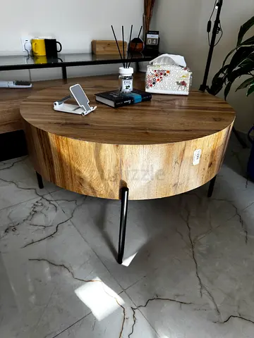 Solid Wood Round Coffee Table with Black Metal Legs - Good Condition