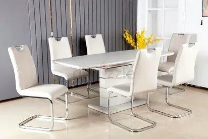 White Modern Extendable Dining Table with 6 Cantilever Chairs