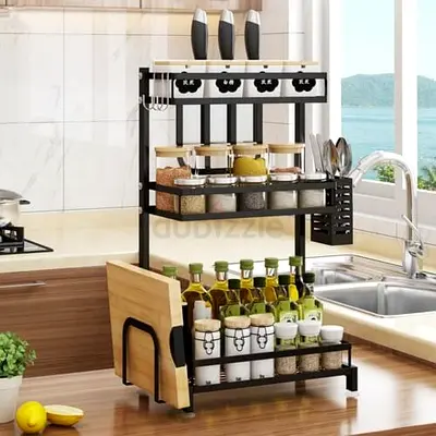 THREE LAYER SPICE RACK, STAINLESS STEEL, KNIFE HOLDER, SPOON HOLDER, CUTTING BOARD HOLDER