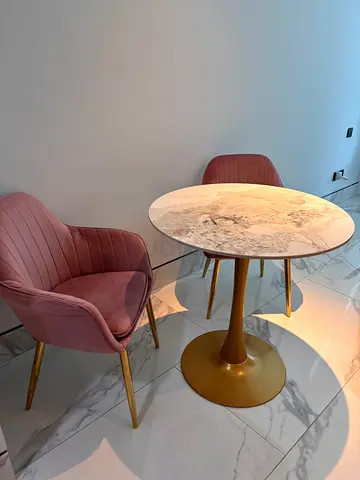 Round Bistro Table with 2 Pink Velvet Chairs