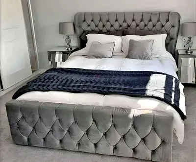 Grey Velvet King Size Bed Frame