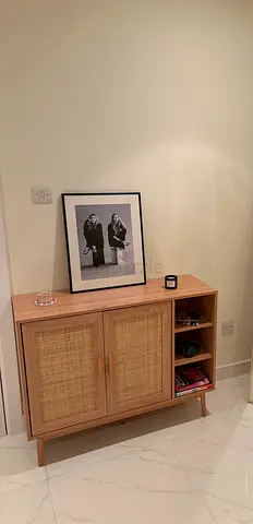 Light Oak Rattan Accent Cabinet with Shelves - Mid-century Style
