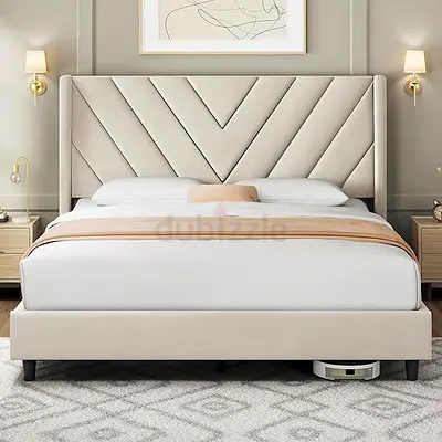 Modern Upholstered King Bed with Chevron Headboard - Beige