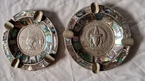 Pair of Mexican Coin Inlay Ashtrays with Abalone Shell Trim
