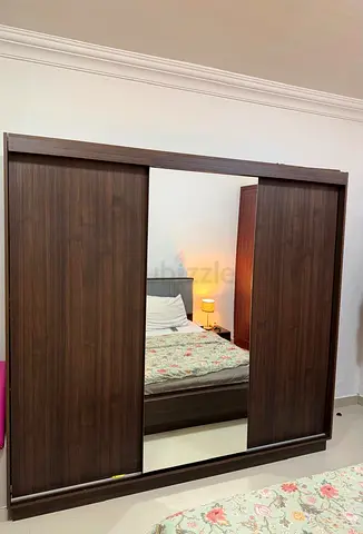 Large Sliding Wardrobe with Mirror - Dark Wood Finish