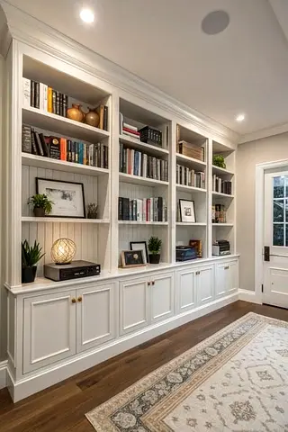 Built-in White Wooden Bookcase with Lower Cabinets