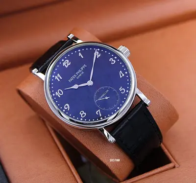 Patek Philippe-style Mens Classic Blue Dial Leather Strap Master Copy Watch
