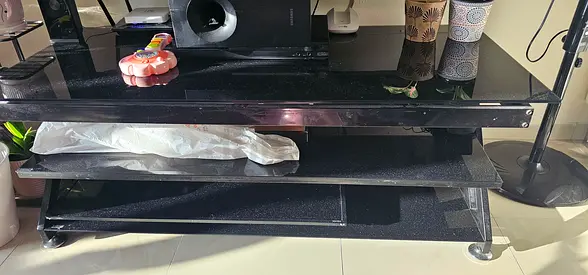 Black Gloss TV Stand with Glass Shelves - Good Condition