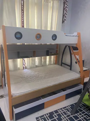 Wooden Bunk Bed with Built-in Shelves and Mattresses - Good Condition