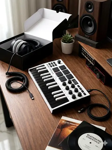 Compact Akkai MIDI MPK Pro Keyboard Controller with Headphones and Cables - Excellent Condition