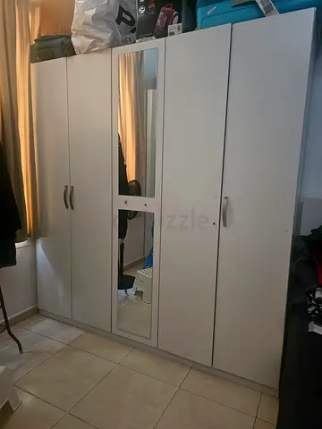 White 5-Door Wardrobe with Mirror - Good Condition