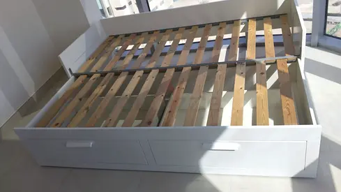 Ikea White wooden double bed frame with under-bed drawers