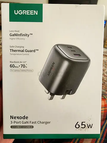 UGREEN Nexode 65W 3-Port Type C Charger, Foldable USB-C Wall Fast Charge Plug