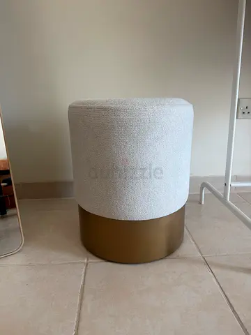 Small Round Upholstered Ottoman/Pouf with Brass Base - Cream