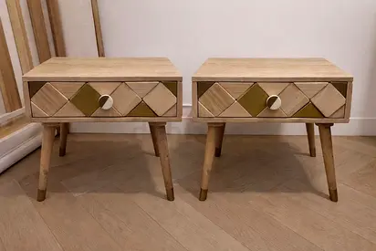 Pair of wooden bedside tables with diamond inlay