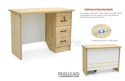 Oak Finish Executive Office Desk with 3 Drawers and Cable Ports