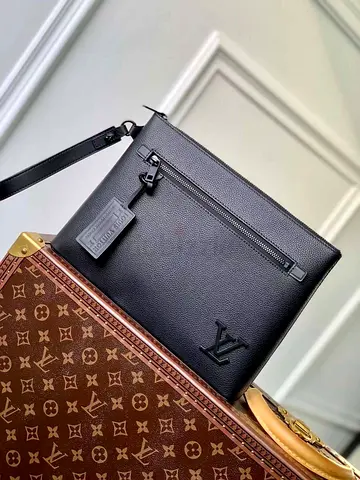 Louis Vuitton LV mens black leather wrist pouch / clutch