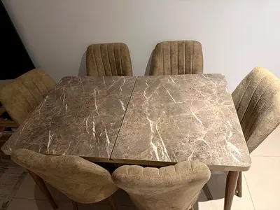 6-Seater Extendable Marble-Top Dining Table with Upholstered Chairs