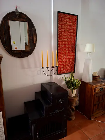 Dark Wood Side Cabinet Step style with Drawers and Cage Detail - Good Condition