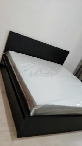 Ikea Queen black faux leather bed frame with mattress