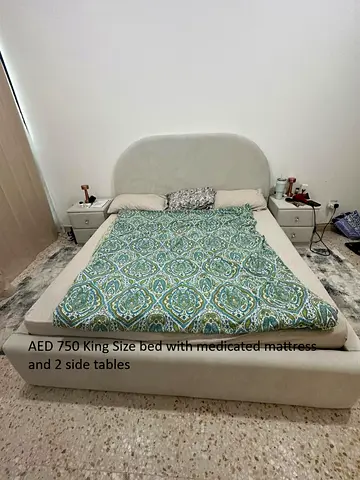 King size upholstered bed with medicated mattress + 2 side tables
