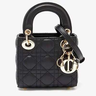 Authentic Dior Black Cannage Leather Micro Lady Dior Tote