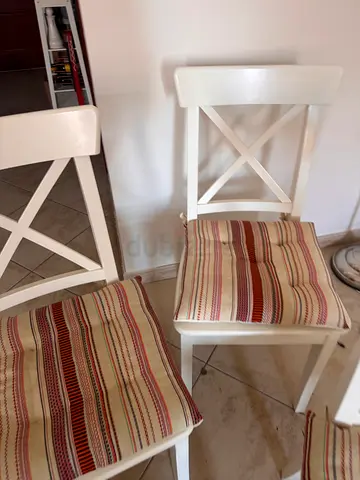Set of 4 White Wooden Dining Chairs with Striped Cushions