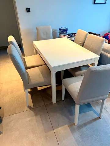 IKEA White Wooden Extendable Dining Table with 6 Chairs 120cm to 180cm - Excellent Condition