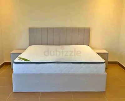 King size upholstered bed frame with mattress and 2 bedside tables - Good condition